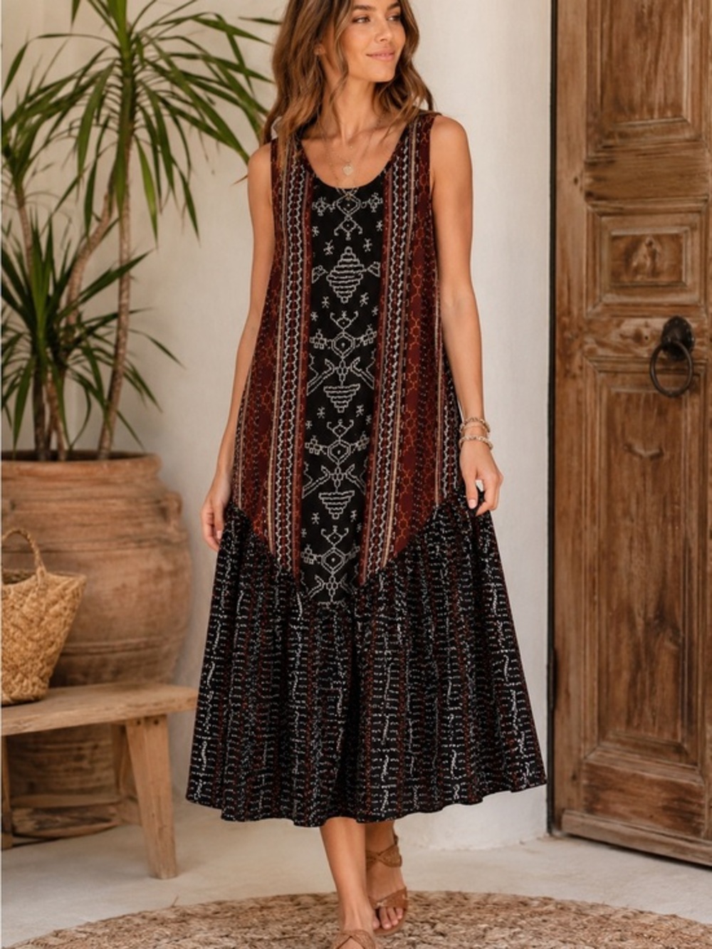 Kusnadi Handcrafted Batik Rayon Sleeveless Boho Midi Dress Black Brown